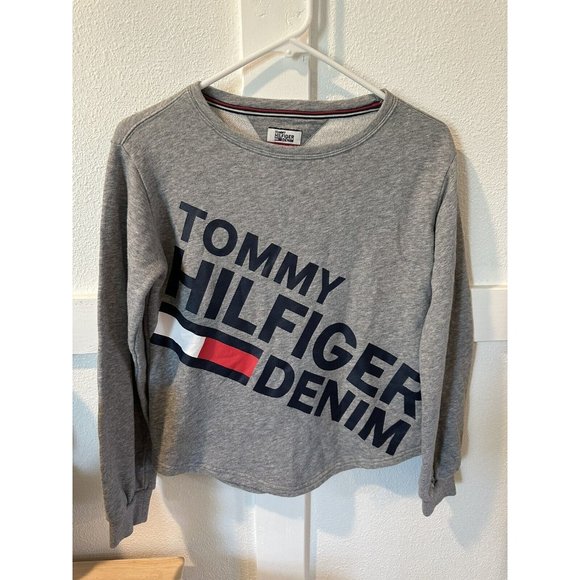 Tommy Hilfiger Denim Sweatshirt Womens Large Spellout Gray Cropped Sweater - Picture 1 of 6